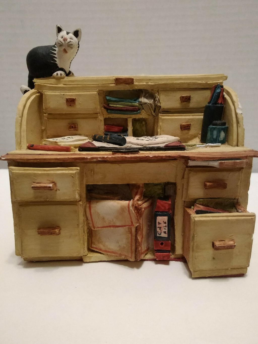Miniature Ceramic Rolltop Desk With Cat