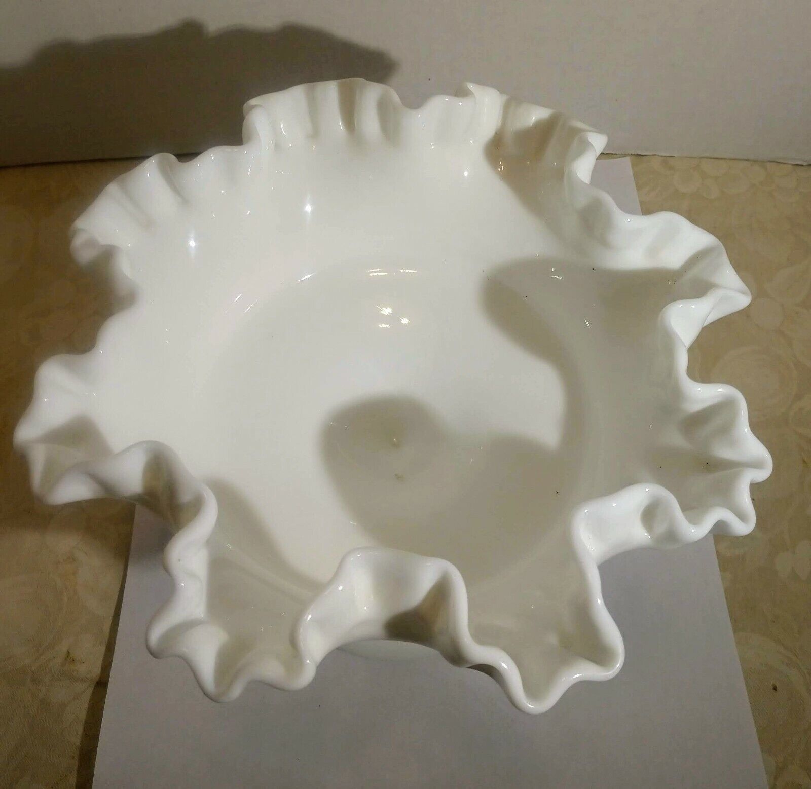Vintage Milk Glass Candy Compote Dish On Pedestal Ruffled Edge