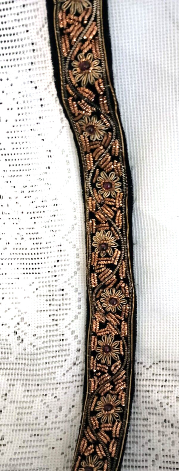Vintage Indian Gold Metallic Embroidered Velvet Belt with Semi Precious Stones