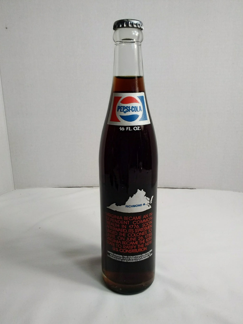 Pepsi Cola 16 oz Full Bottle The Old Dominion Virginia Richmond