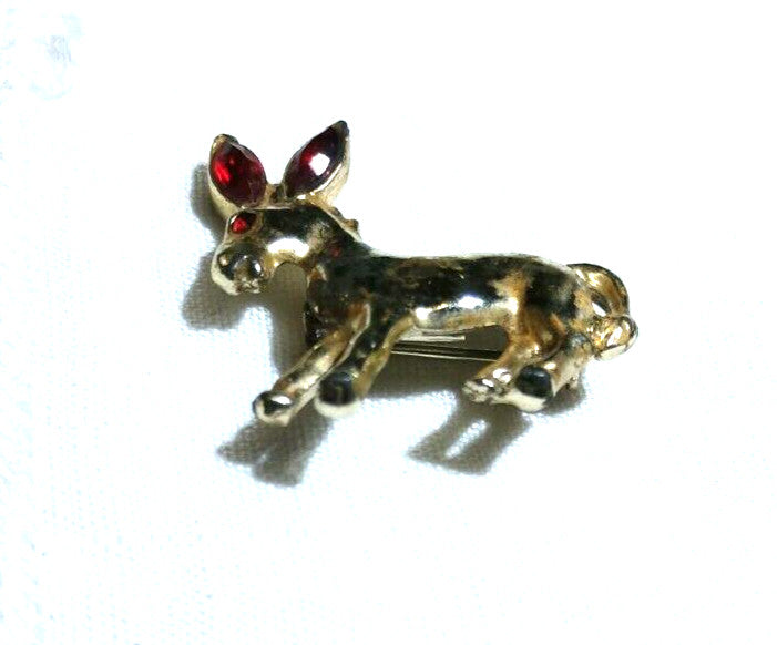Vintage Donkey Pin Red Rhinestones Gold Plated