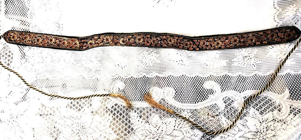 Vintage Indian Gold Metallic Embroidered Velvet Belt with Semi Precious Stones