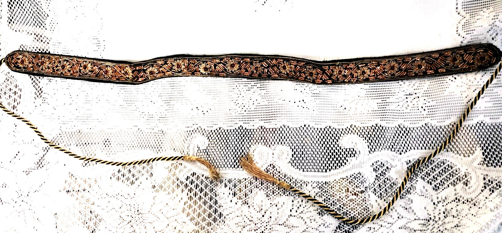 Vintage Indian Gold Metallic Embroidered Velvet Belt with Semi Precious Stones