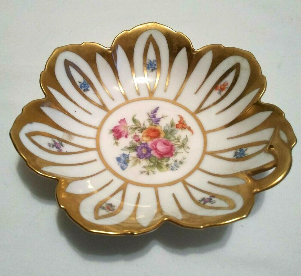 Porcelain Candy Dish with Multi Color Flowers Gold Trim