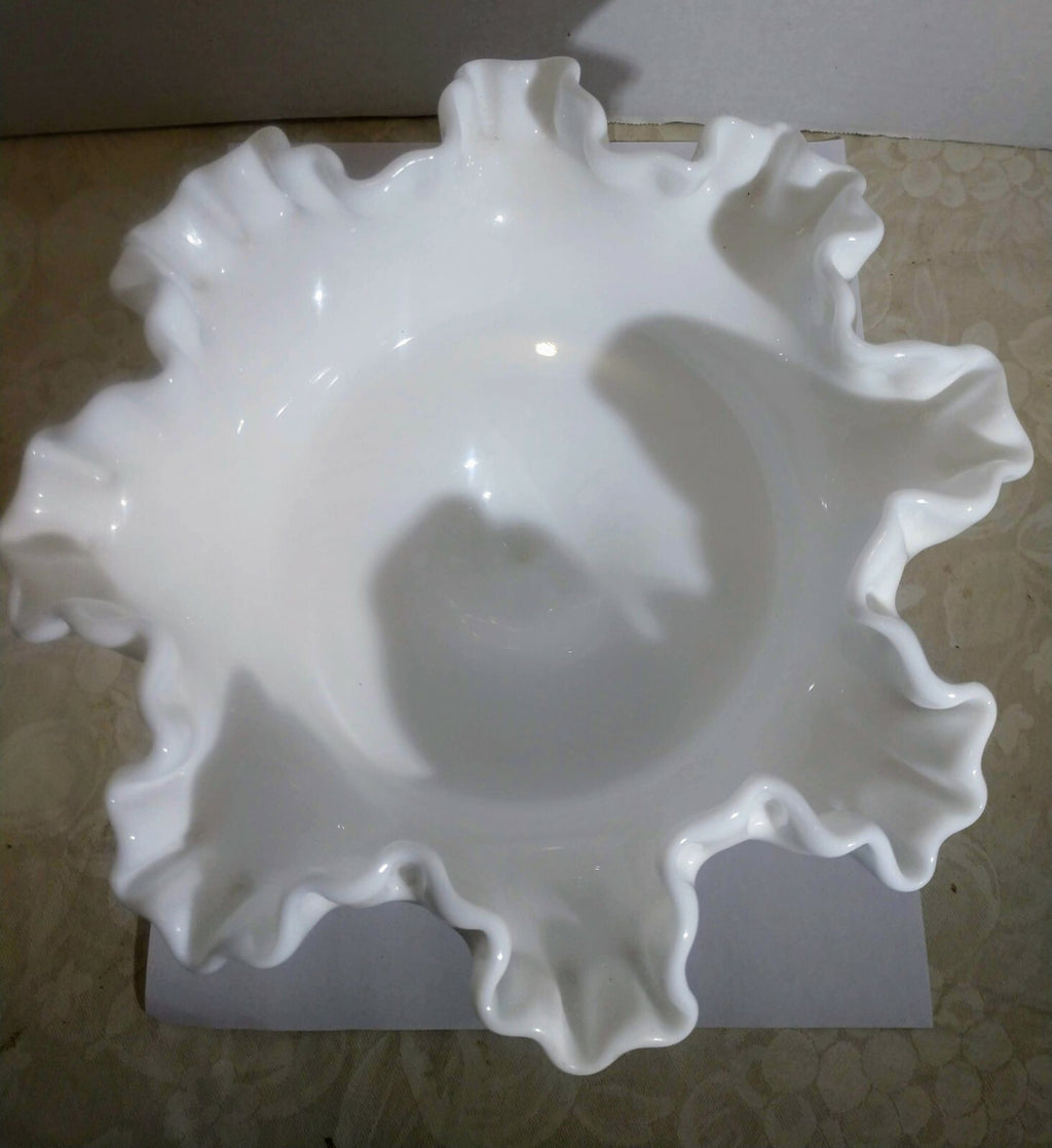 Vintage Milk Glass Candy Compote Dish On Pedestal Ruffled Edge
