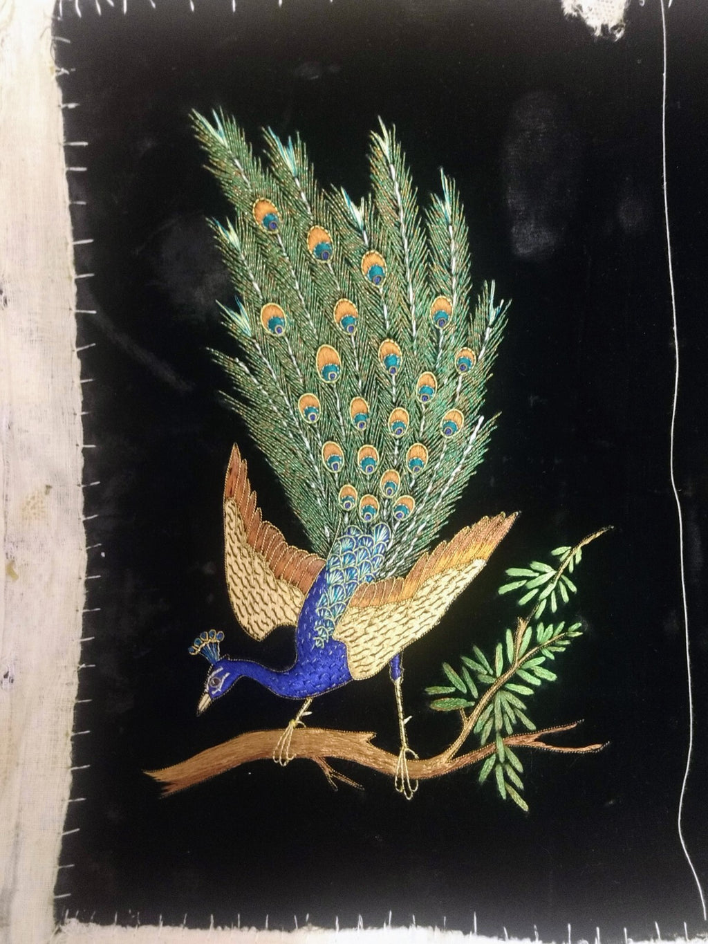 Vintage Picture Black Velvet Crewel Peacock Unframed