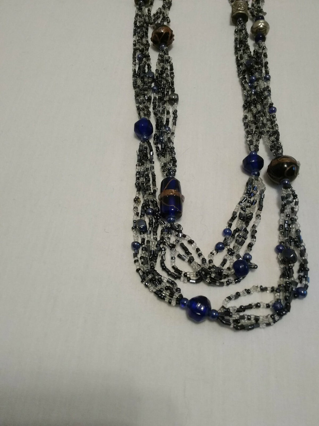 5 Strand Bead Necklace Blue & Clear Beads Ceramic & Metal beads