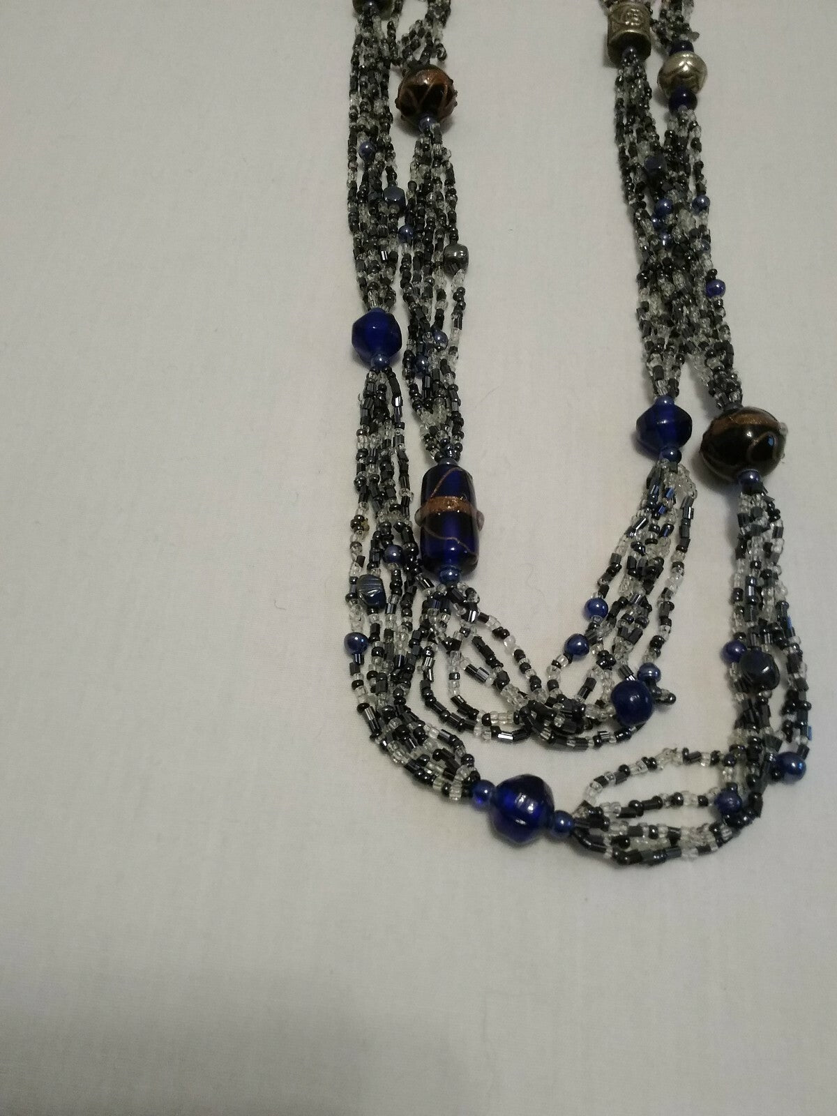 5 Strand Bead Necklace Blue & Clear Beads Ceramic & Metal beads